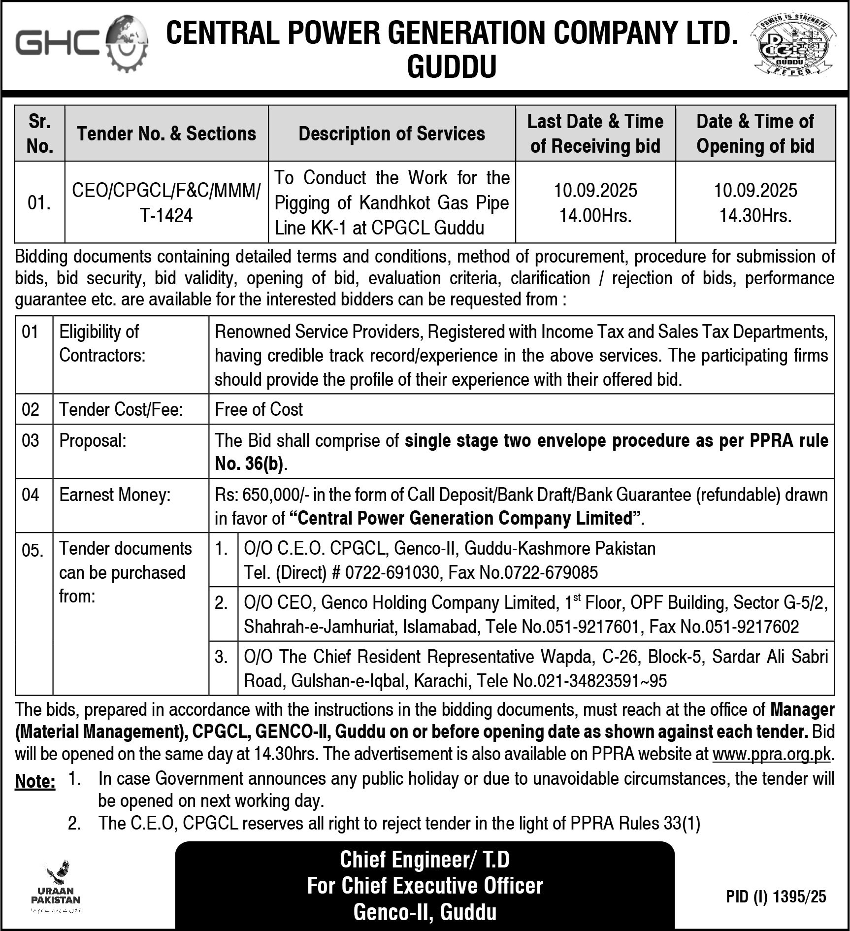 Central Power Generation Company Limited Guddu Tender Notice
